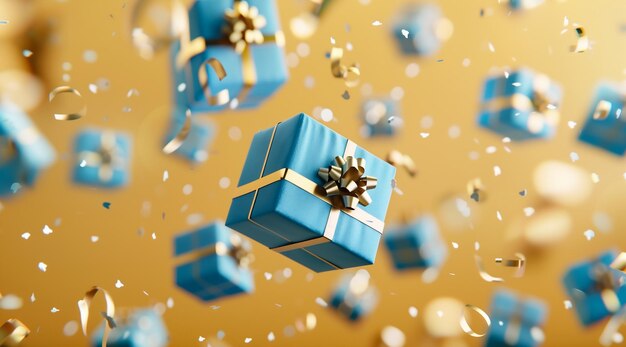 3D weergegeven vieren blauwe geschenkkistjes vliegen in de lucht op een lichtgele achtergrond