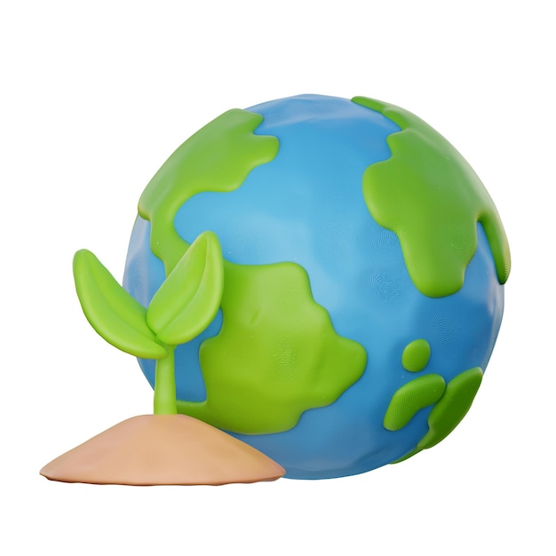 3D-wereldbol met plant redt de planeet en energie Eco-vriendelijke cartoonstijl 3D-rendering