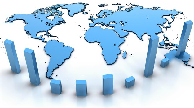 3d wereldwijde bedrijfsgroei grafiek met wereldkaart in blauwe tonen