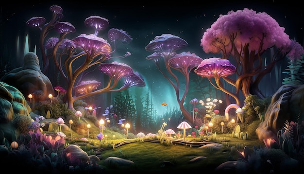 3D whimsical forest setting where endangered species are gathered around a mystical