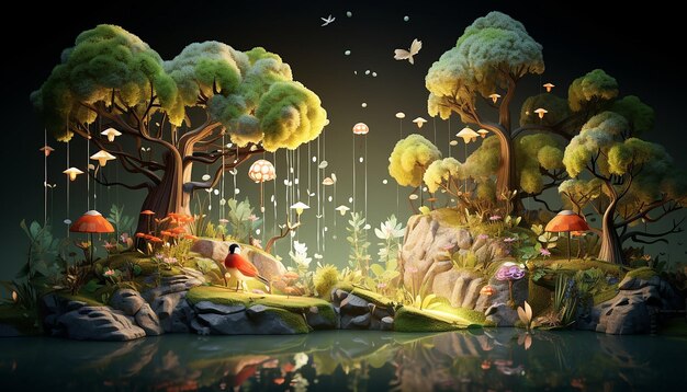 3D whimsical forest setting where endangered species are gathered around a mystical