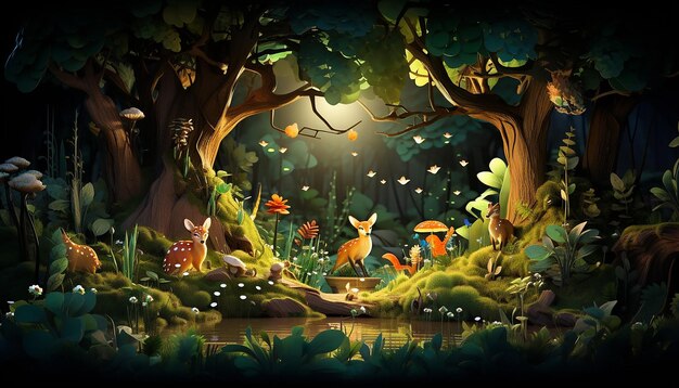 3D whimsical forest setting where endangered species are gathered around a mystical