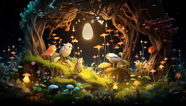 3D whimsical forest setting where endangered species are gathered around a mystical