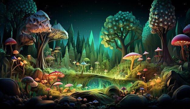 3D whimsical forest setting where endangered species are gathered around a mystical