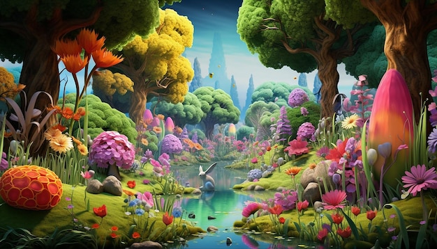 A 3D whimsical illustration of a forest waking up to spring