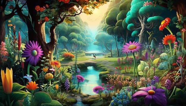 A 3D whimsical illustration of a forest waking up to spring