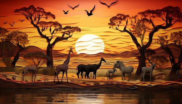 A 3d whimsical interpretation of a savannah sunrise