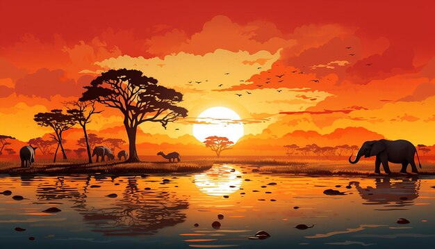 A 3d whimsical interpretation of a savannah sunrise