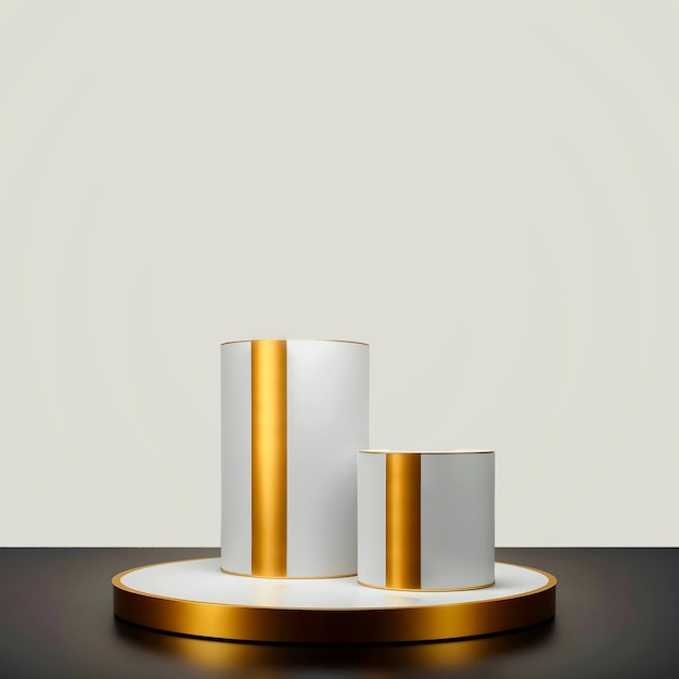 3d White 2 step cosmetic display pedestal cylinder podium mockup with gold shape on cream background