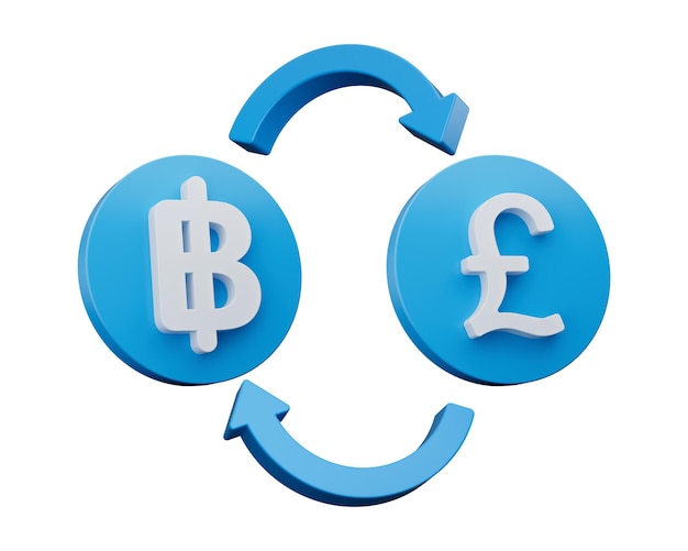 3d White Baht And Pound Symbol On Rounded Blue Icons With Money Exchange Arrows 3d illustration