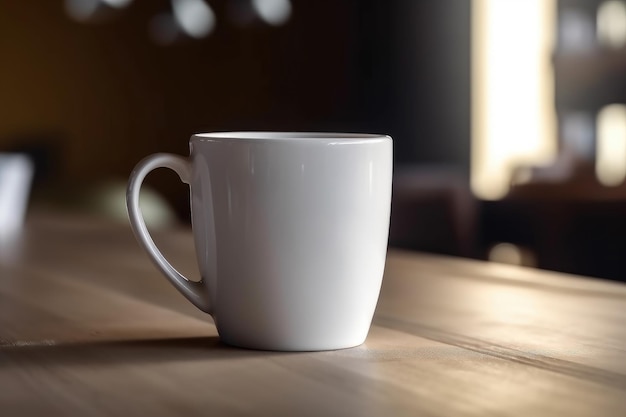 나무 테이블 생성 AI에 3D 흰색 빈 머그 또는 커피 컵 모형