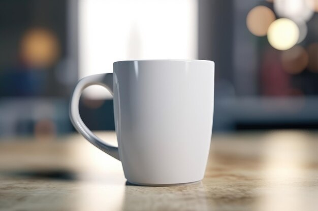 3D white blank mug or coffee cup mockup on a wooden table generative AI