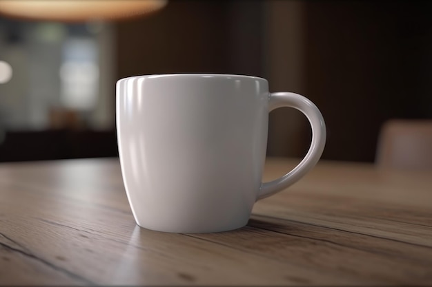 3D white blank mug or coffee cup mockup on a wooden table generative AI