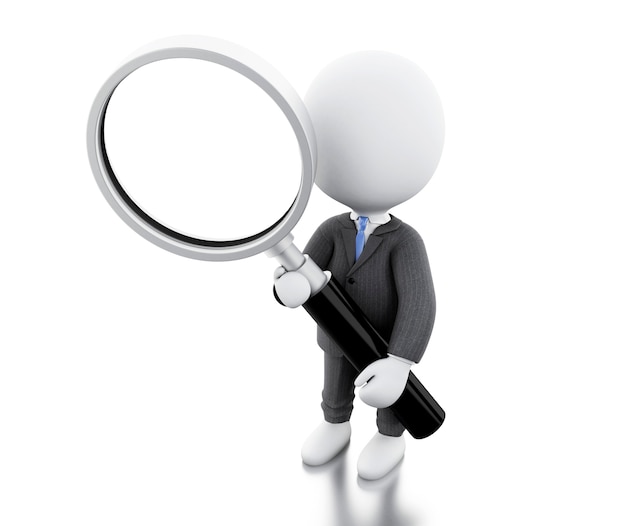 3d white business people examines through a magnifying glass