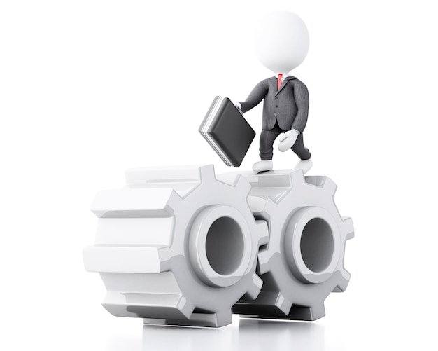 3d White business people with briefcase in gear wheel