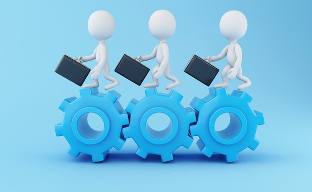 3d white business people with briefcase in gear wheel