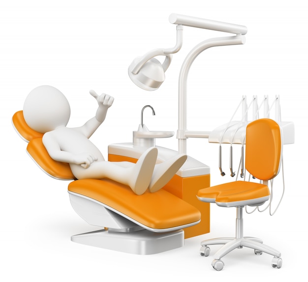 3D white character. Patient at the dentist