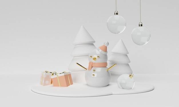 3D white christmas illustration with snowman and christmas trees