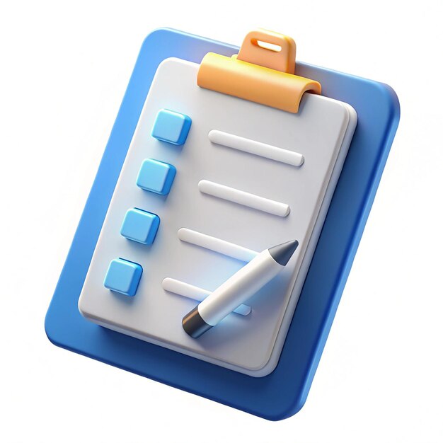 3D ホワイト クリップボード タスクマネジメント チェックリスト 課題と試験のチェックリスト 筆アイコン プロジェクトプランの効率的な作業 迅速な進 コンセプトのレベルアップ 3D チェックアイコン ベクトルレンダリング