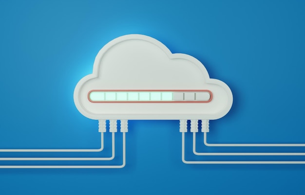 Nuvola bianca 3d con barra di avanzamento di caricamento e linee di cavi, concetto di tecnologia di archiviazione dati cloud