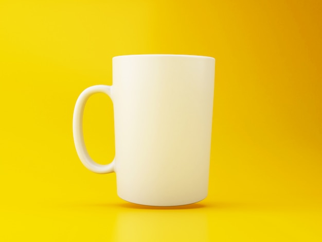 3d White coffee mug on yellow background.