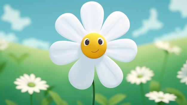 3D white daisy chamomile flower with leaves blue backdrop image Ai generated art