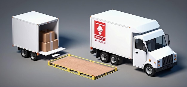 Photo 3d white delivery truck parked next to package box packaging product introduction photo