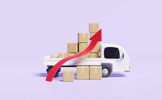 3d white delivery truck with arrow graph goods cardboard box isolated on purple background transportation shipping high inflation expensive raise the price concept 3d render illustration