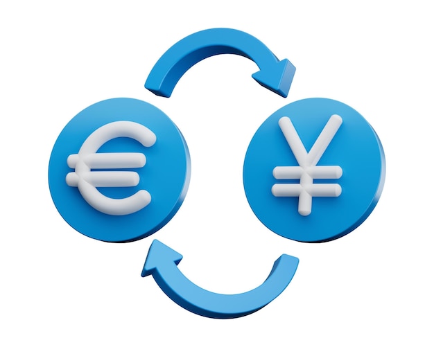 写真 3 d ホワイト ユーロと円記号お金交換矢印 3 d イラストと丸い青いアイコンに