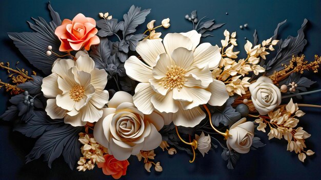 3D White Flowers on Blue and Black