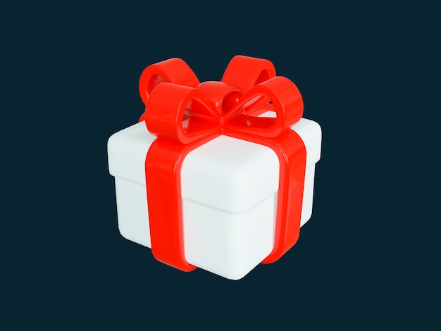 3d white gift box with red ribbon bow on dark background Christmas birthday 3d rendering