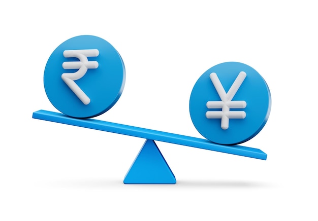 3d White INR and Yen Symbol On Rounded Blue Icons With 3d Balance Weight Seesaw 3d illustration