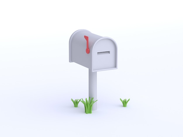 3d white mail box cartoon style with grass white background 3d rendering,post communication transportation 