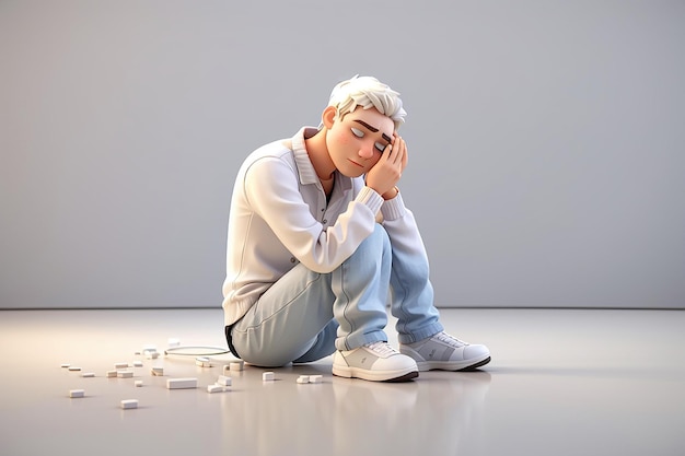 3d white man is sitting on the floor and crying 3d illustration