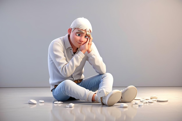 3d white man is sitting on the floor and crying 3d illustration