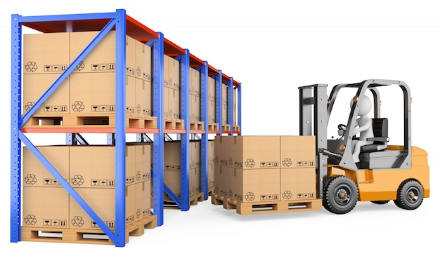 3D white man using Forklift in a warehouse