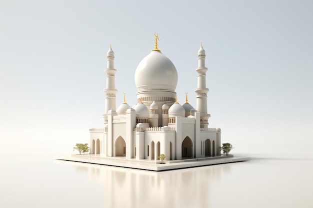 3D white mosque with a minaret on a plain white background isometric perspective