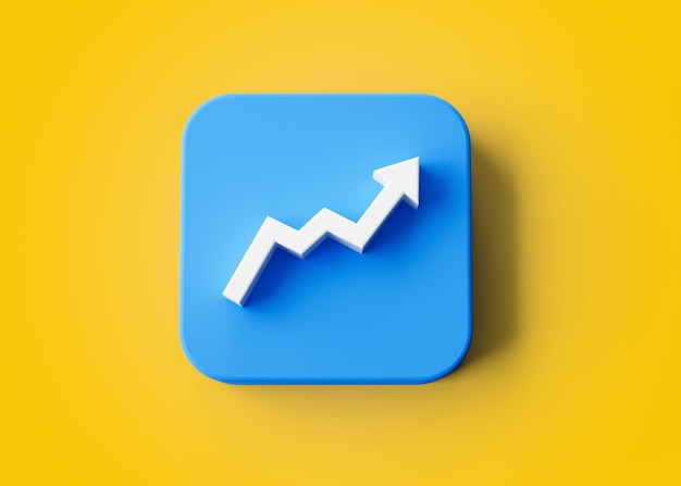 Photo 3d white moving up growth arrow symbol blue rounded square icon on yellow background 3d illustration