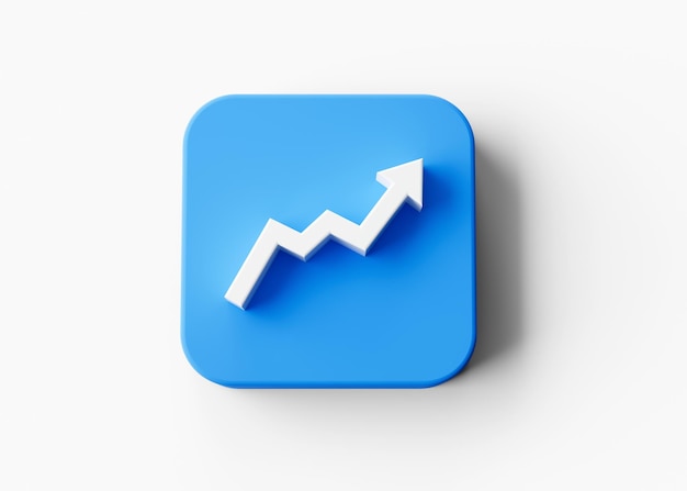 Photo 3d white moving up growth arrow symbol with blue rounded square icon 3d illustration