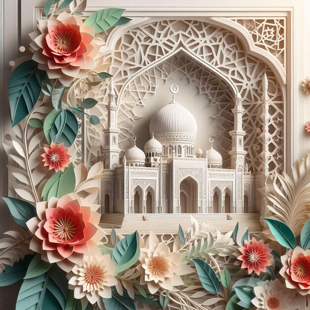 3D white papercut mosque Ramadan Kareem greeting card