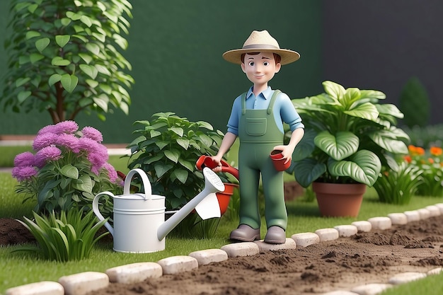 3d white people gardener with a watering can white background