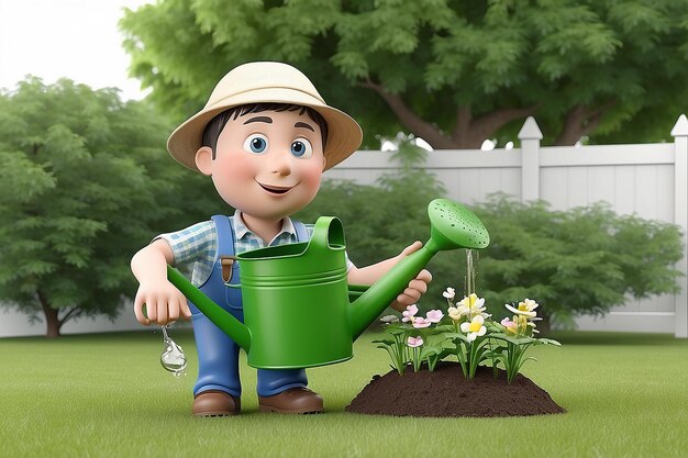 3d white people gardener with a watering can white background