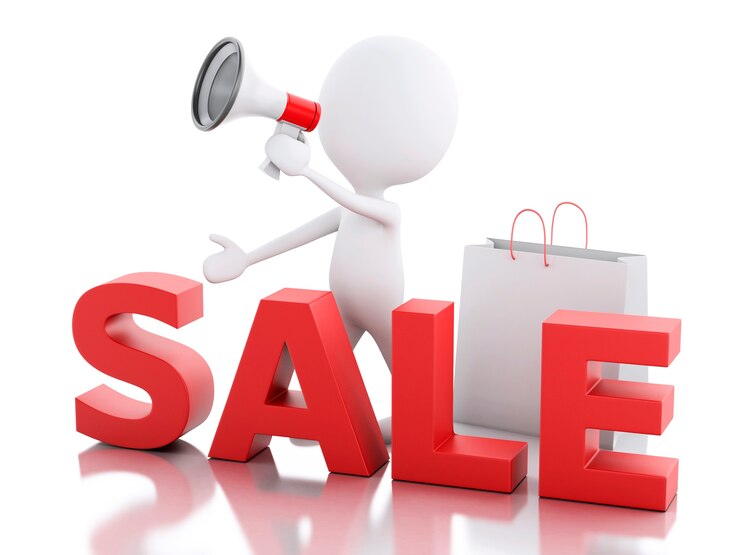 Photo 3d white people sale announcement with megaphone and shopping bag.