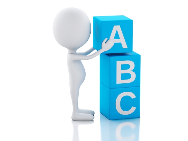 3d white people with ABC cubes on white background.