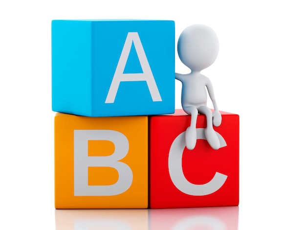 3d white people with ABC cubes on white background.