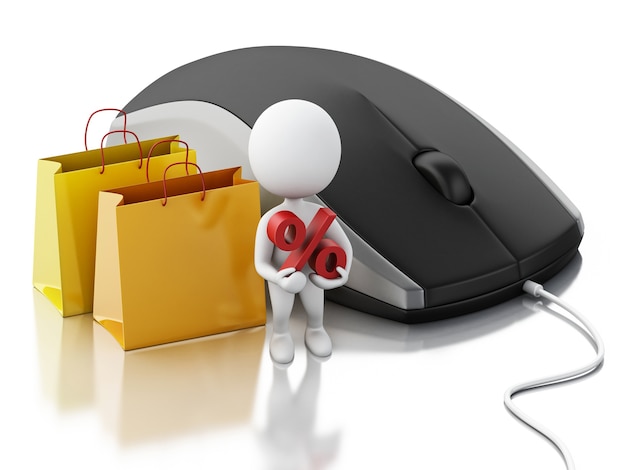 3d white people with computer mouse. E-commerce concept