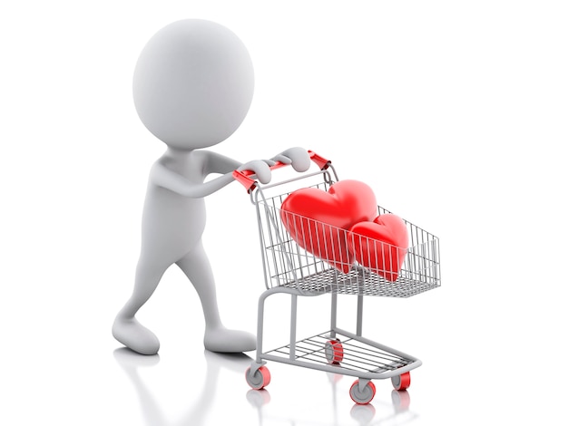 3d white people with red heart in the shopping cart.