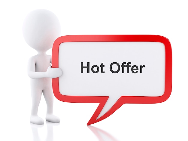 3d White people with speech bubble that says Hot Offer.