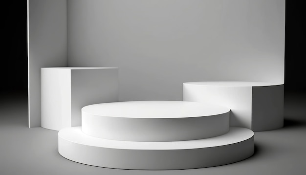 3D white podium platform for products presentation Blank space for commercial studio photo