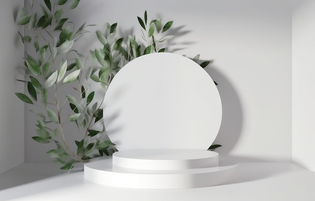 3D-белый подиум с естественными зелеными листьями, солнечным светом и тенью, идеально подходит для демонстрации косметических средств и средств по уходу за кожей.